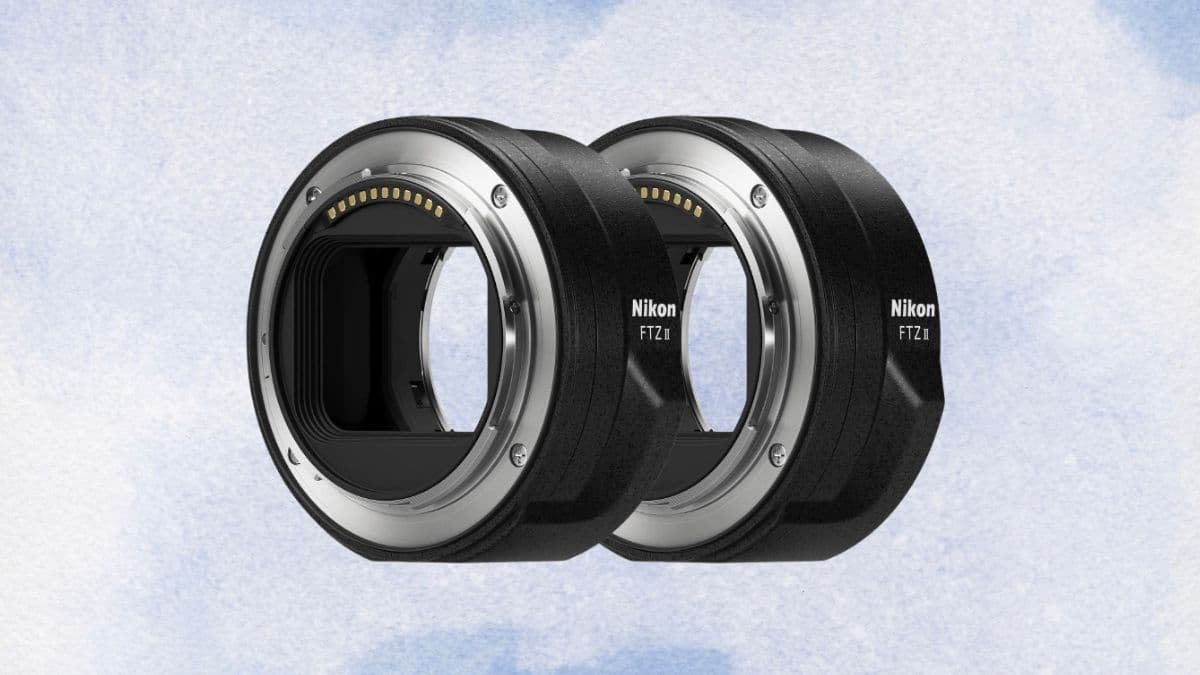 Two Nikon FTZ II lens mount adapters are shown side by side, featuring a sleek black design with metal mounts for connecting F-mount lenses to Z-series cameras.