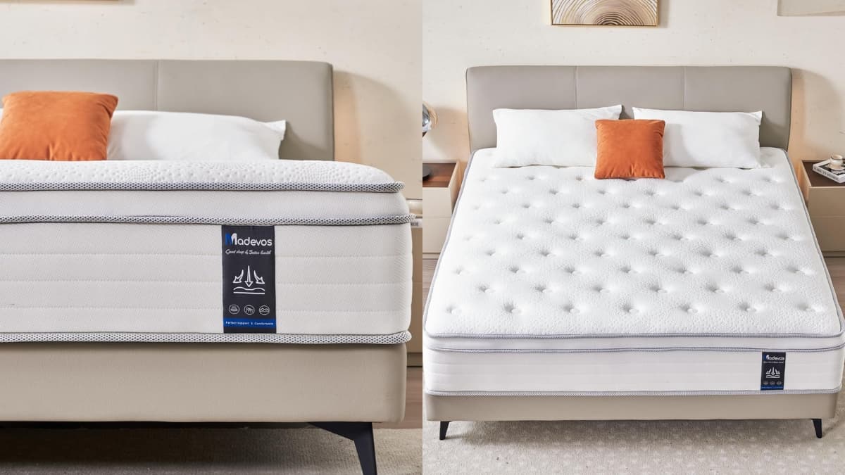 A Madevos Queen Hybrid Mattress on a modern bed frame, featuring a plush, breathable memory foam top with a tufted design and supportive pocket springs for comfort.