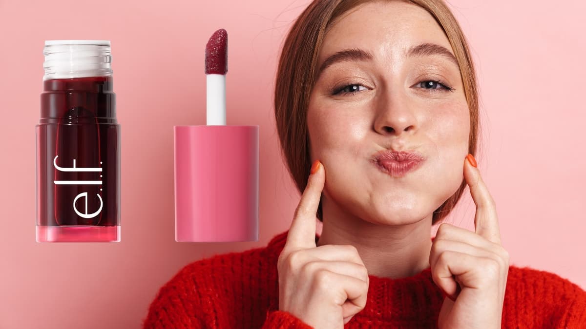Woman pressing cheeks while smiling, next to e.l.f. Sheer For It Blush Tint in a pink tube.