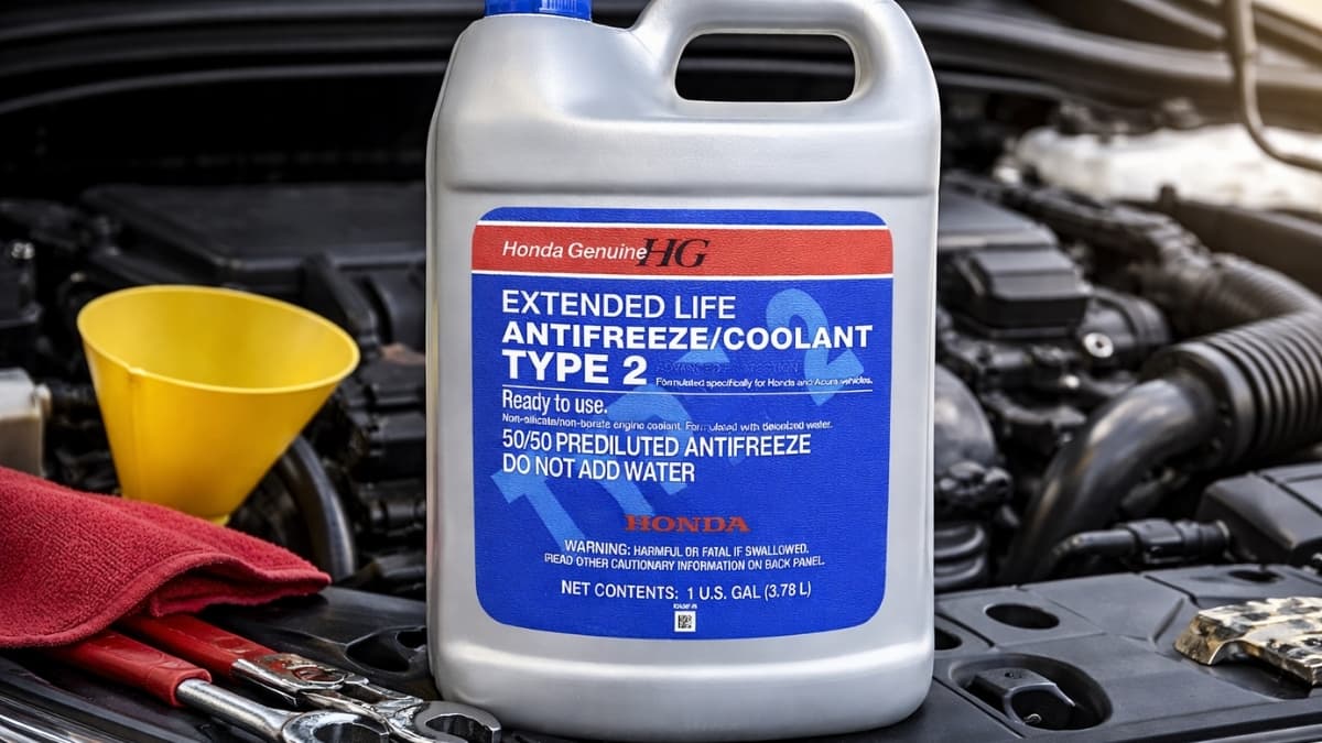 Honda Genuine Extended Life Antifreeze/Coolant Type 2 shown during a routine coolant top-off in a Honda engine bay.