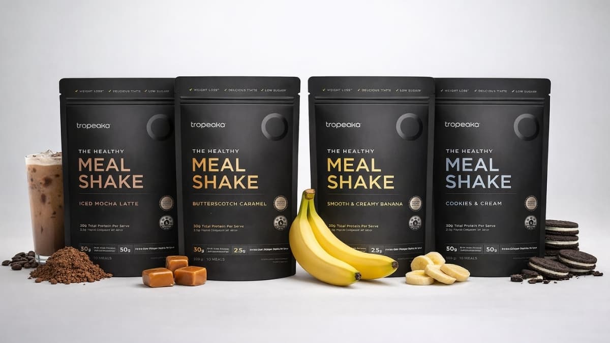 Tropeaka meal replacements lineup with plant-based meal shake flavors and ingredients