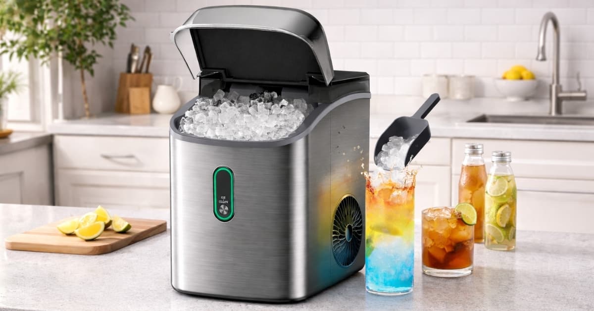 Silonn nugget ice maker on kitchen counter producing chewable ice