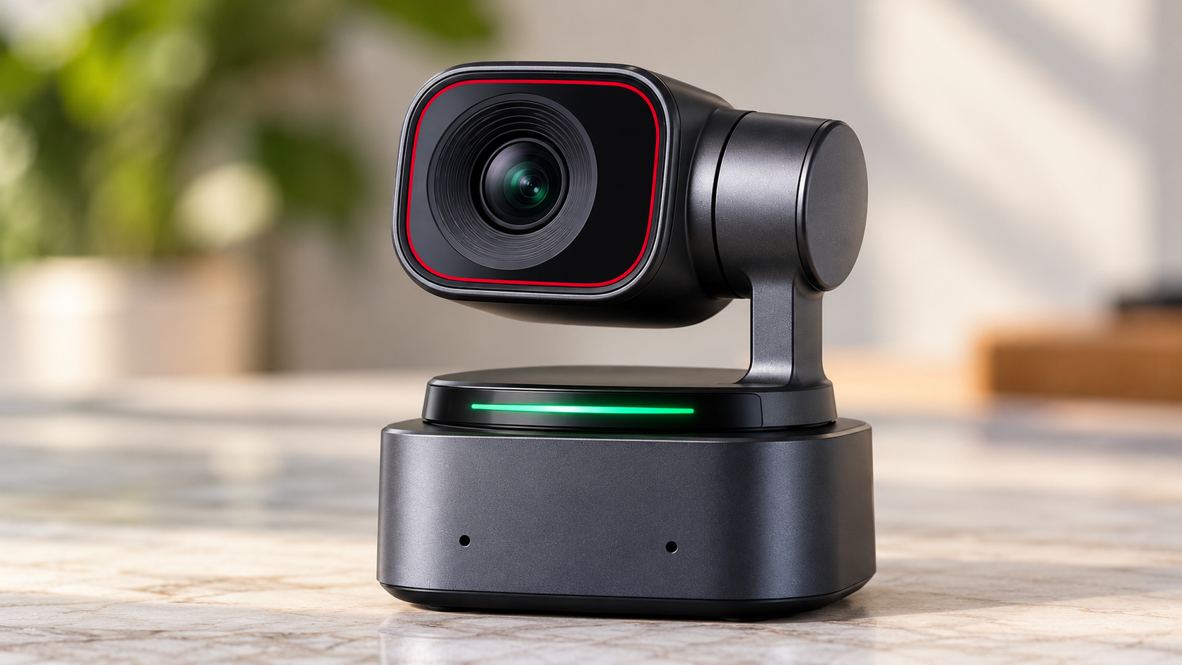 OBSBOT Tiny 2 AI-powered 4K webcam with intelligent tracking, black PTZ camera design, and green LED indicator on a modern desk.