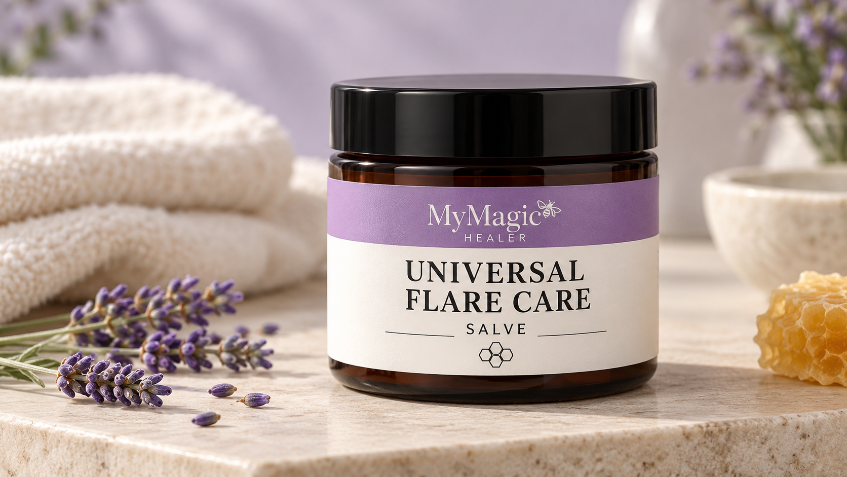 MyMagicHealer Universal Flare Care Salve in an amber glass jar with a lavender label, displayed with fresh lavender, honeycomb, and soft towels in a natural skincare setting.