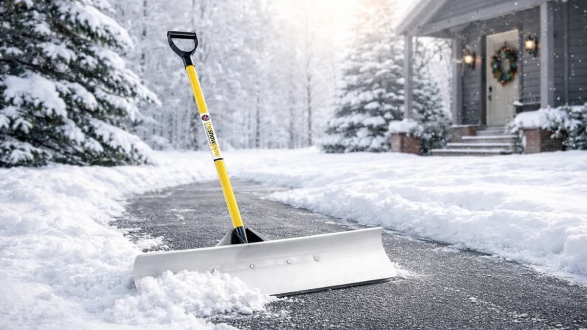 The Snowplow original snow pusher clearing a residential driveway after fresh snowfall