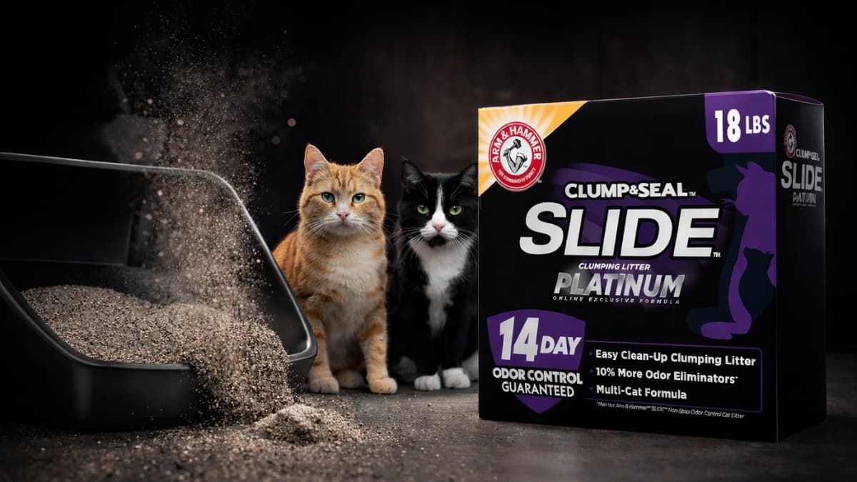 ARM & HAMMER Clump & Seal SLIDE Platinum cat litter box with two cats and low-dust clumping litter pouring from scoop, 18 lb box showing 14-day odor control guarantee
