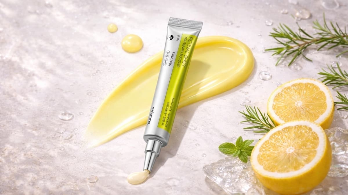 Celimax The Vita A Retinal Shot Tightening Booster tube with yellow serum swatch, fresh lemon slices, and botanical elements on light marble background