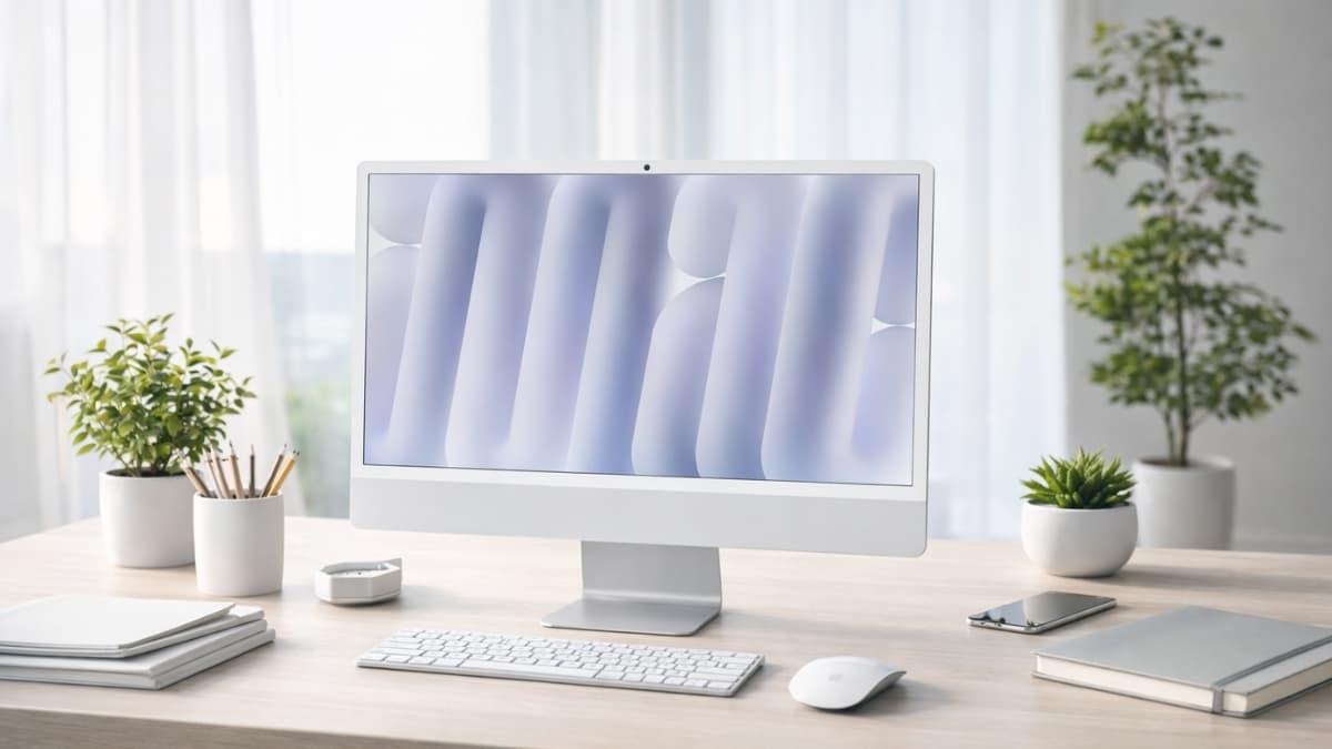 Apple 2024 iMac All-in-One Desktop Computer on minimalist desk with 24-inch 4.5K Retina display, Magic Keyboard, and Magic Mouse in a bright home office setting.