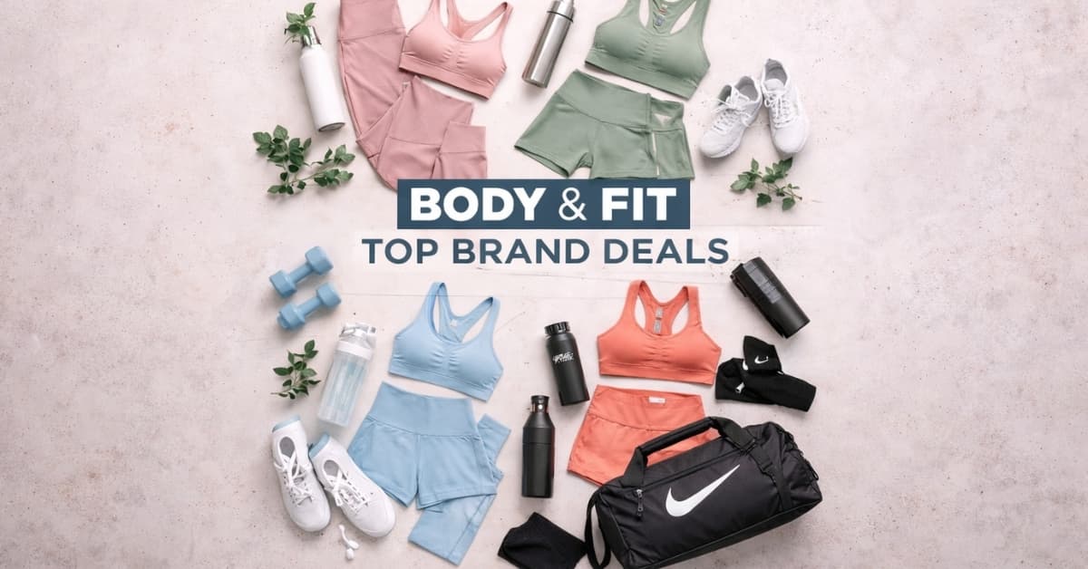 Flat lay of Body & Fit Top Brand Deals featuring workout apparel, shoes, and gym accessories