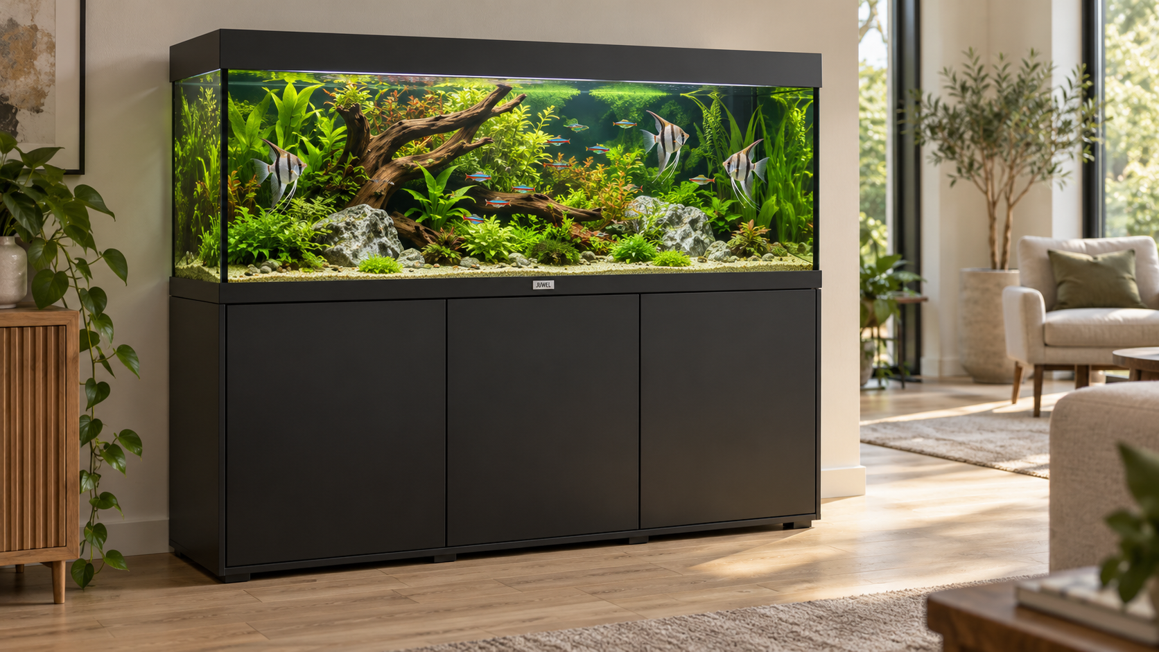 Juwel Rio 240 LED Aquarium in black with matching cabinet, featuring lush aquatic plants, tropical fish, and vibrant LED lighting in a modern living room.