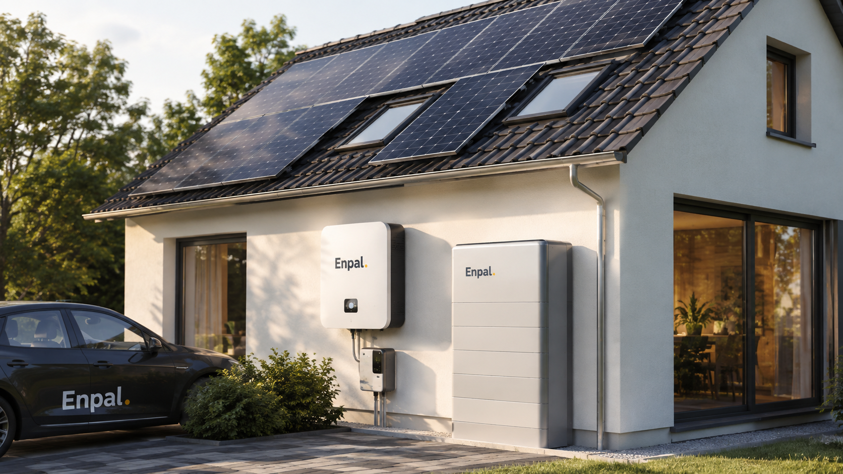 Enpal integrated solar solution with rooftop solar panels, home battery storage, inverter, and electric vehicle at a modern residential property.