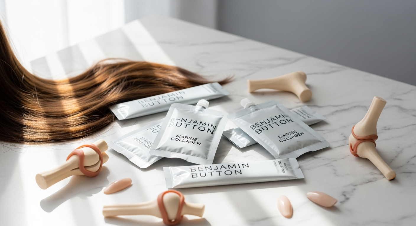 Benjamin Button 12000mg marine collagen liquid sachets in orange mango and blackcurrant flavors displayed with fresh fruits
