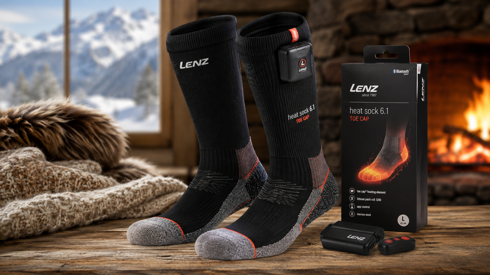 Lenz Heat Sock 6.1 Toe Cap heated socks with battery packs and packaging displayed in a cozy winter cabin setting.