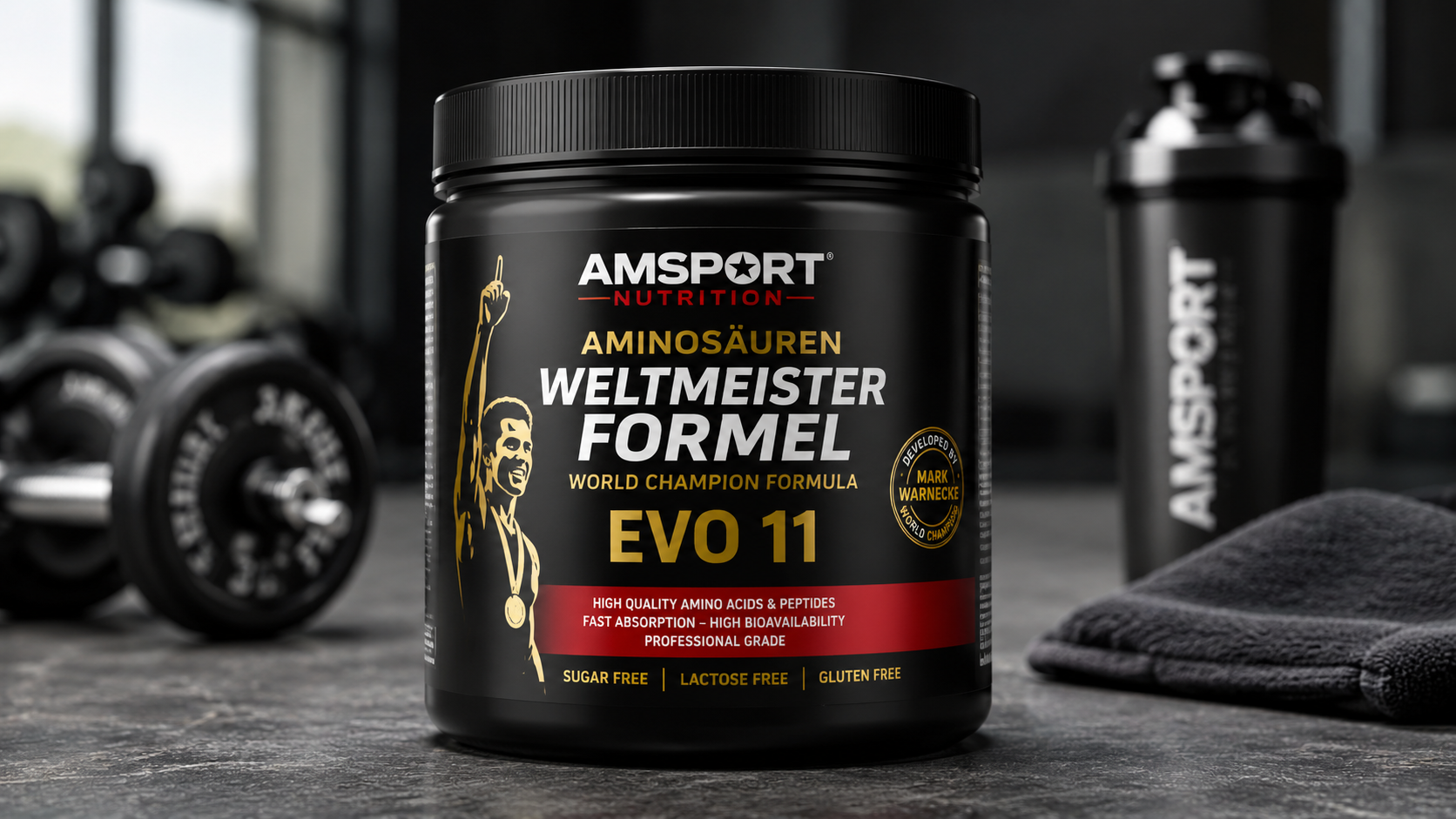 AMSPORT Amino Acids World Champion Formula EVO 11 sports nutrition supplement for muscle recovery and performance.