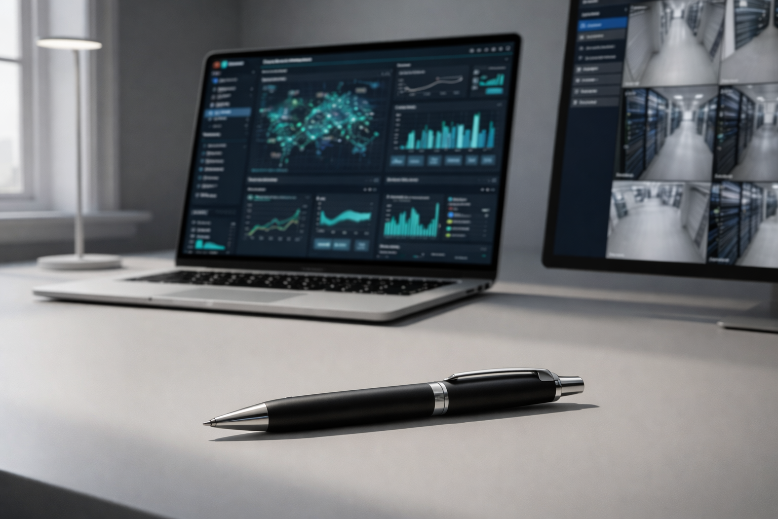 Modern workspace setup with a sleek black ballpoint pen on a minimalist desk, laptop displaying data analytics dashboard, and secondary monitor showing security camera feeds in a clean, well-lit office environment.