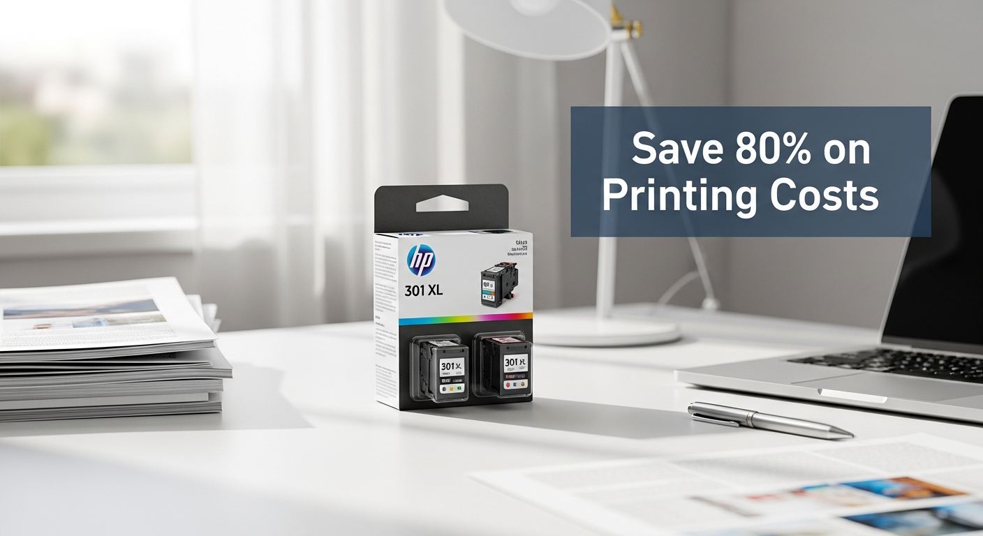 Compatible HP 301 XL ink cartridge pack displayed with printer and printed documents