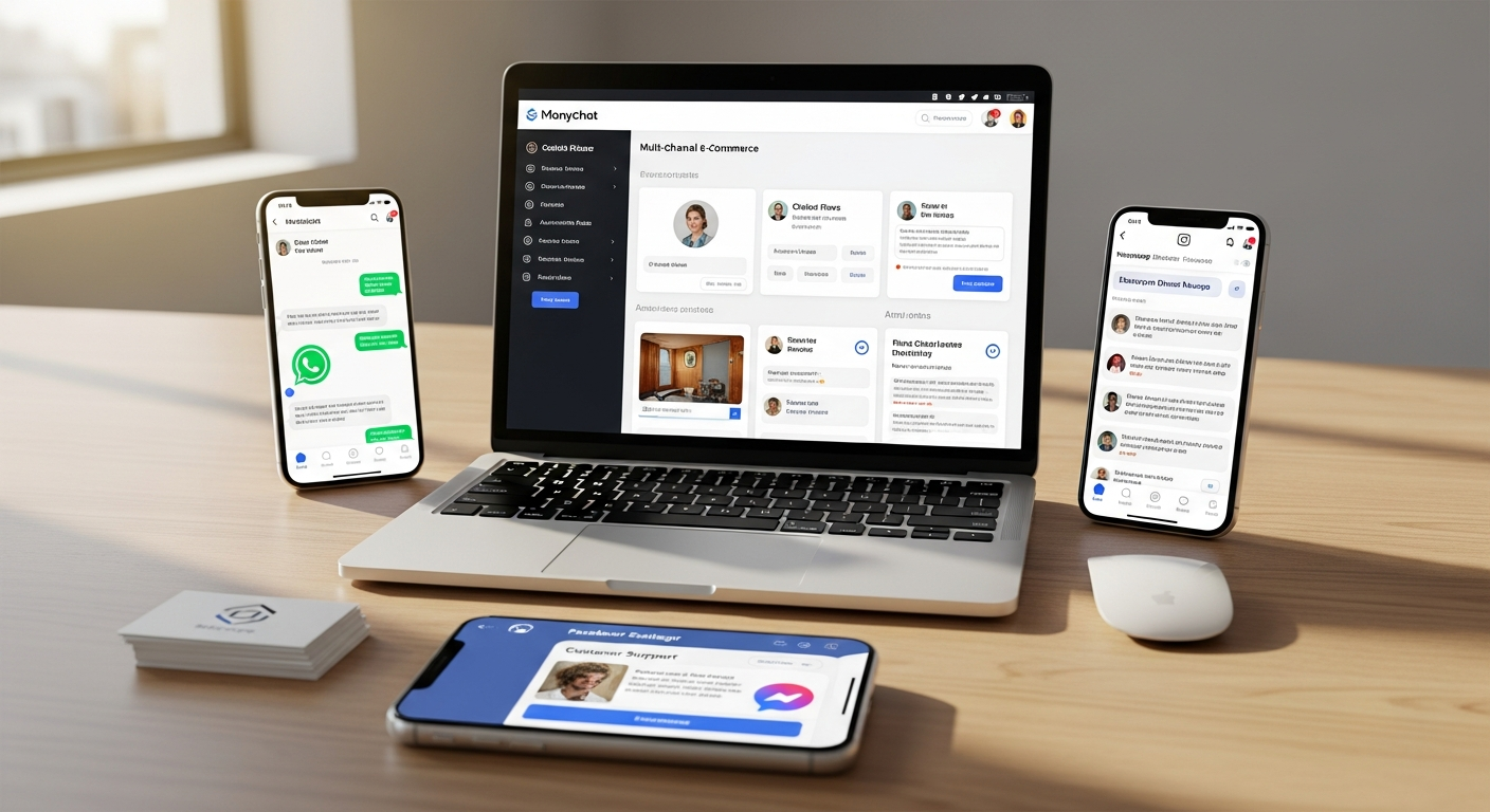 Manychat Pro Plan dashboard showing multi-channel chatbot automation interface for Instagram Facebook WhatsApp
