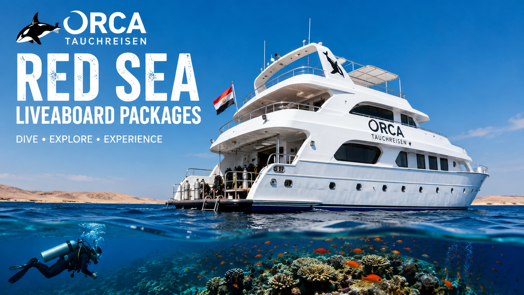 ORCA Tauchreisen Red Sea liveaboard yacht in Egypt with scuba diver exploring colorful coral reefs beneath crystal-clear waters, promoting luxury diving holidays and liveaboard dive packages in the Red Sea.