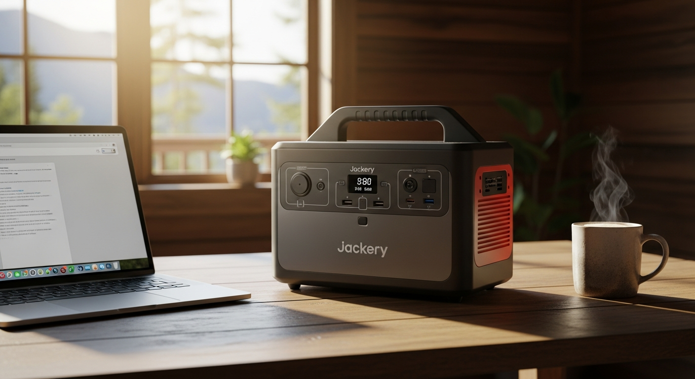 Jackery Explorer 1000 v2 portable power station with solar panels in outdoor remote work setting