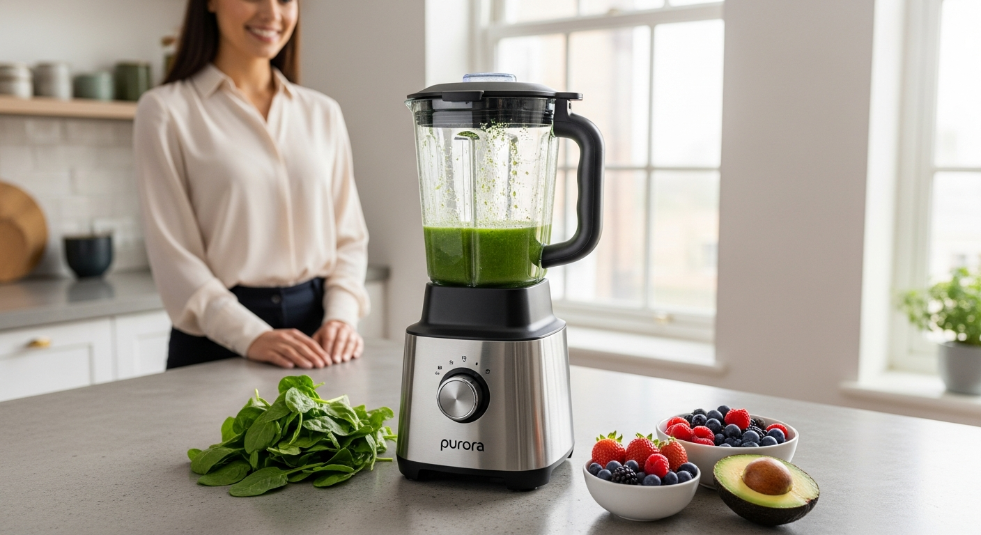 Purora Mixer blender with glass container displaying creamy smoothie preparation