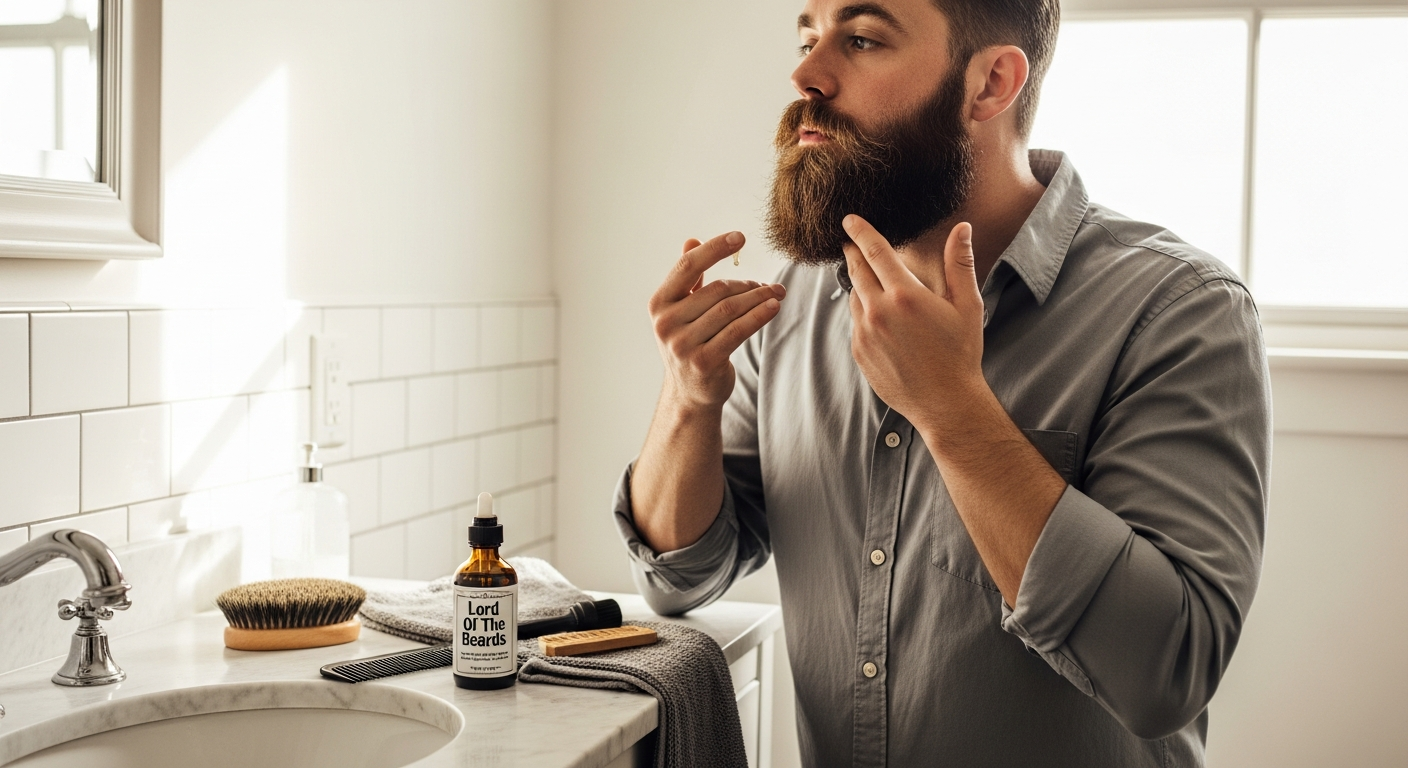 Premium Lord Of The Beards Luxury Beard Oil bottle with natural ingredients displayed
