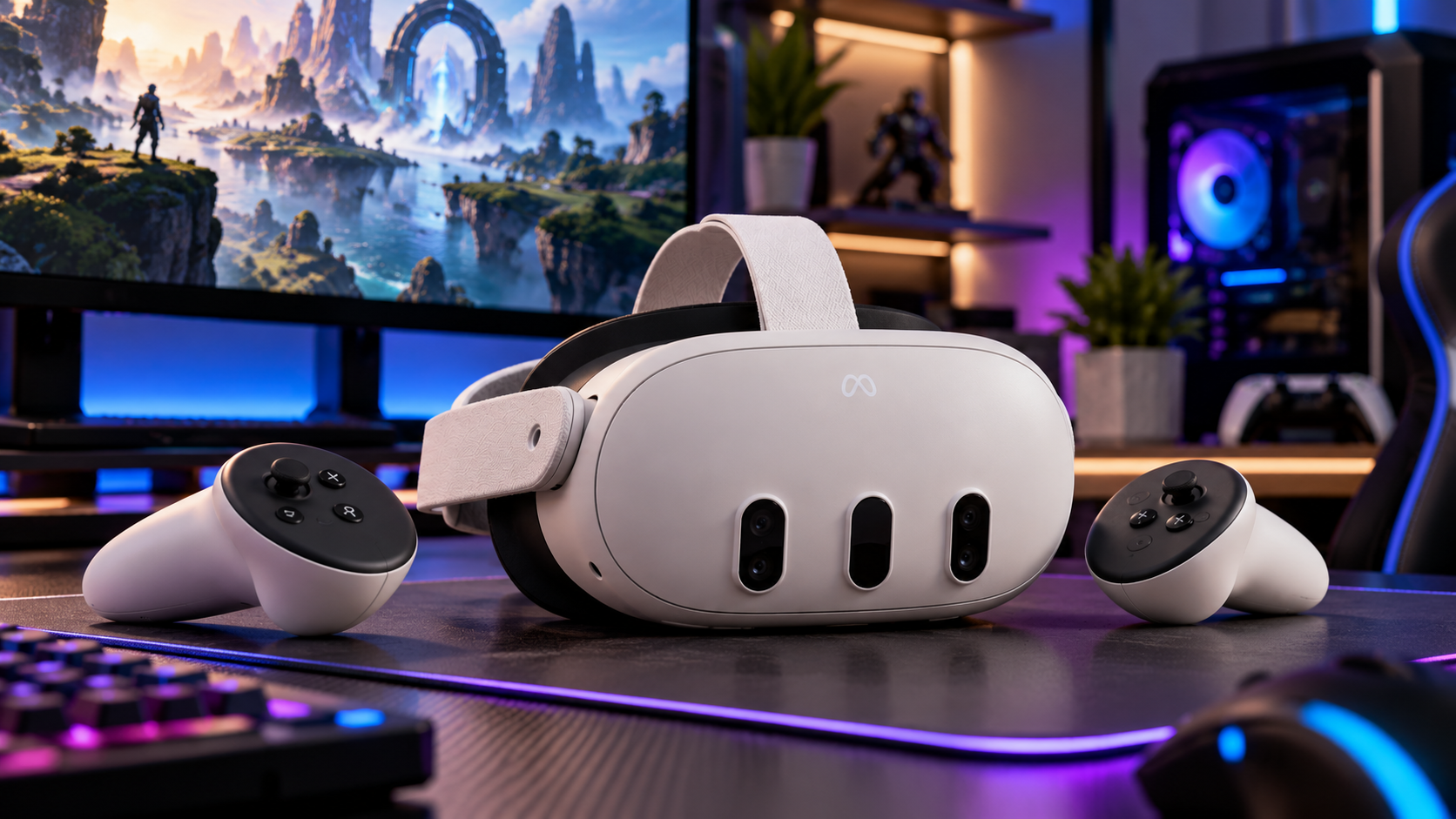 Meta Quest 3 512GB virtual reality headset with wireless controllers, designed for immersive VR gaming and mixed reality experiences.