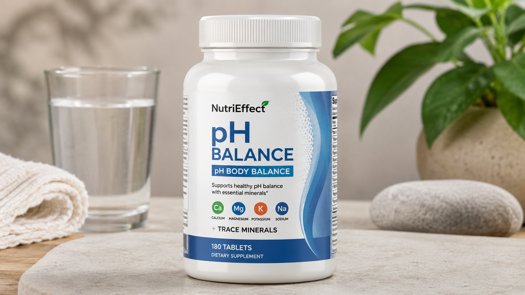 NutriEffect pH Body Balance supplement with calcium, magnesium, potassium, and sodium in a clean wellness setting.