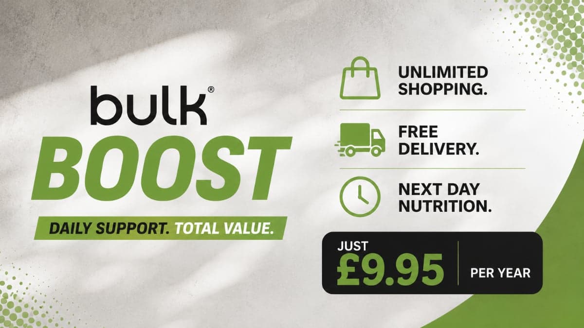 Bulk Boost pre-workout supplement powder container with workout nutrition ingredients for energy, focus, and endurance support