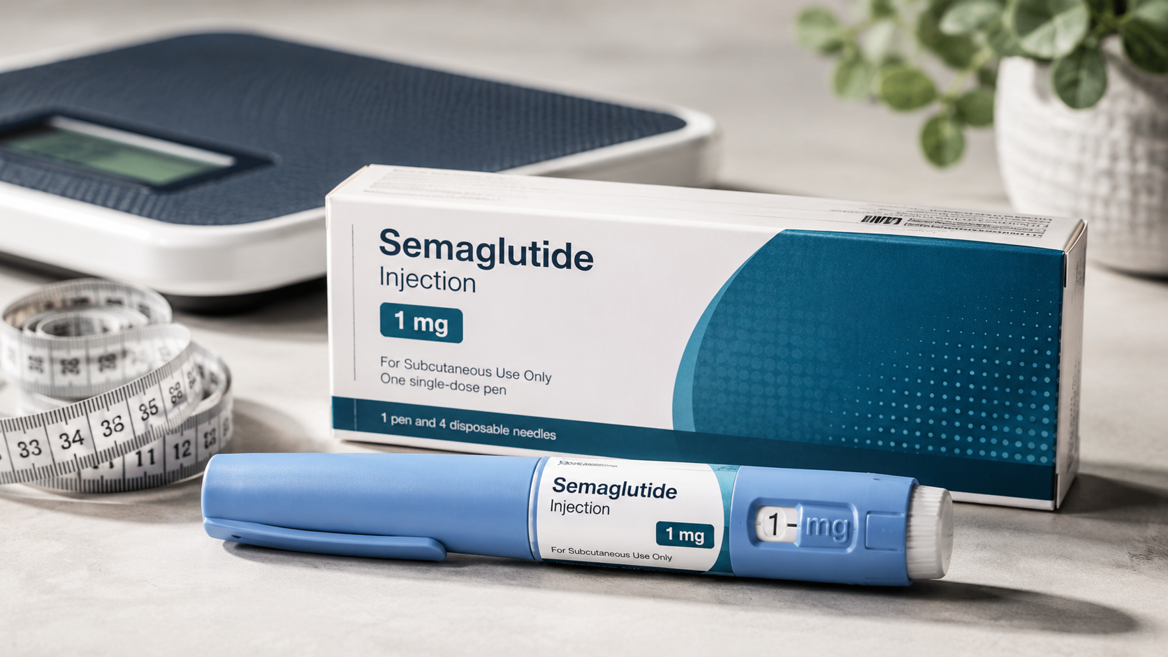 Semaglutide GLP-1 weight loss injection pen and medication box beside a measuring tape and digital scale, representing GLP-1 medications for obesity and weight management.