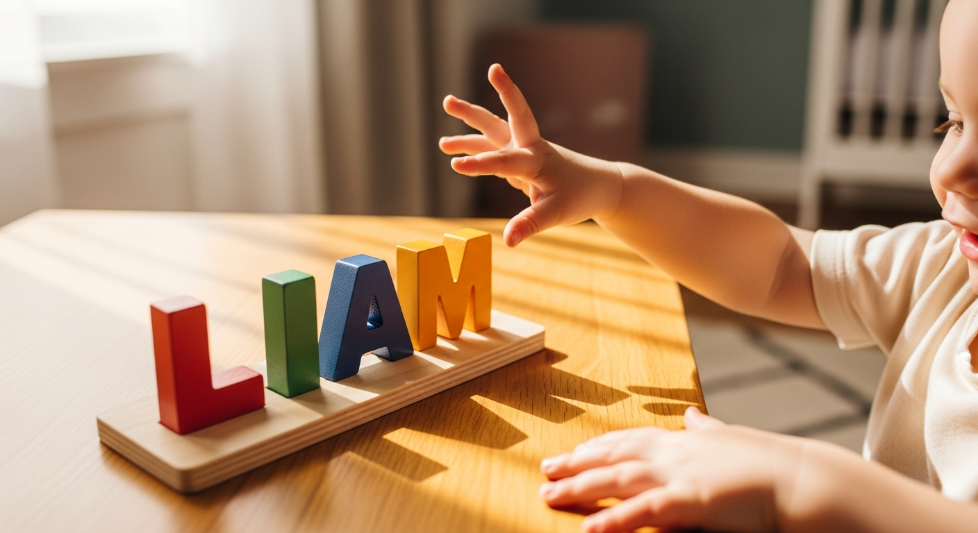 Personalized wooden name puzzle with colorful letter blocks for toddlers