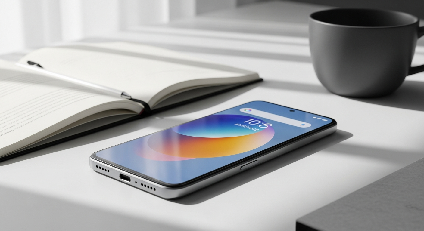 Redmi Note 14 smartphone displaying vibrant AMOLED screen and camera setup