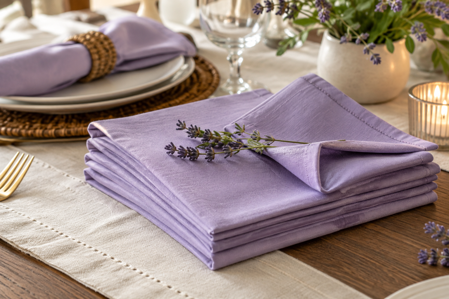Lavender Napkin Set arranged neatly on a dining table for an elegant everyday or special occasion table setting.
