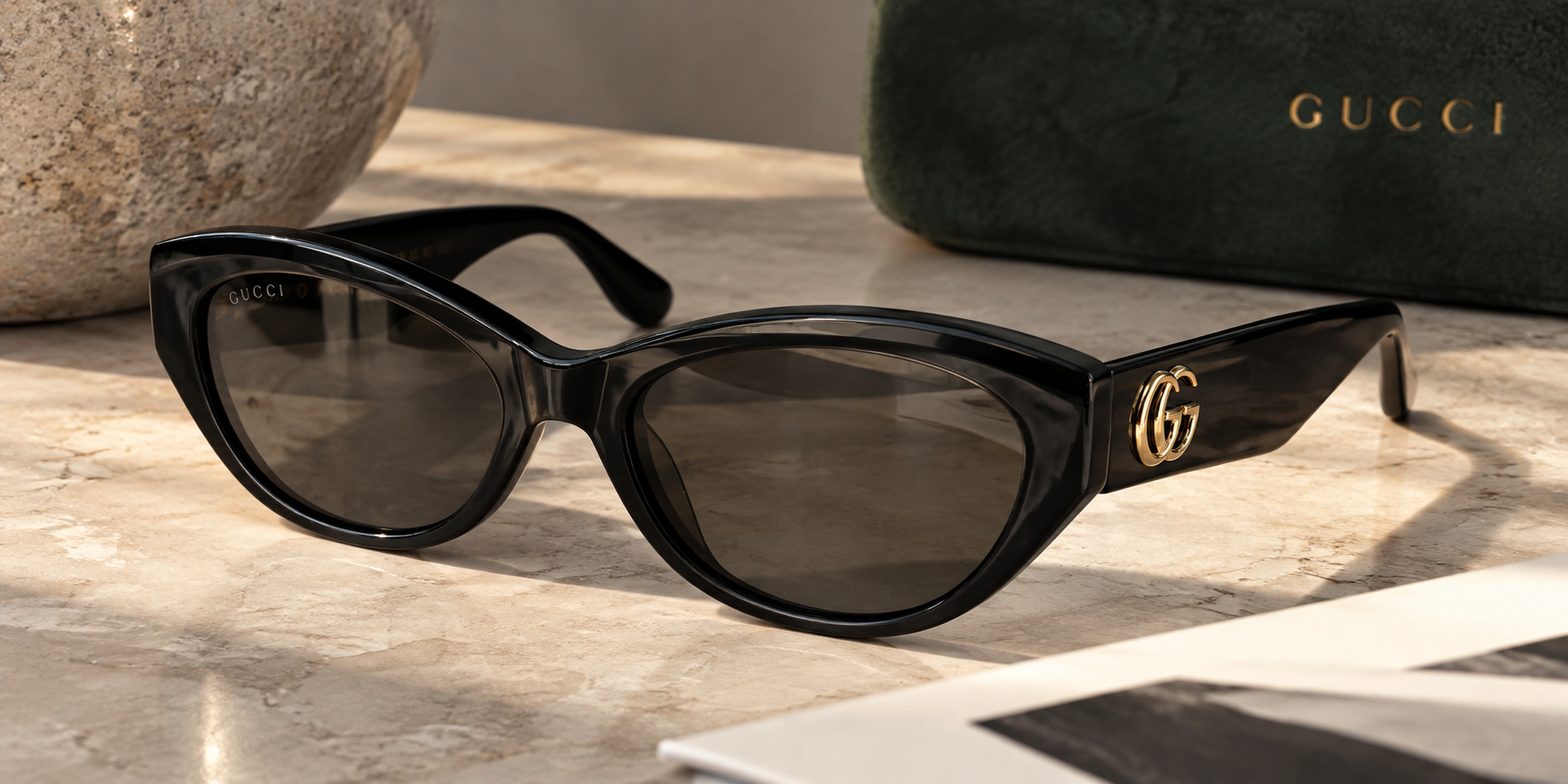 Gucci GG1680S Cat-Eye Sunglasses featuring a narrow, retro-inspired frame, upswept corners, and elegant designer detailing.
