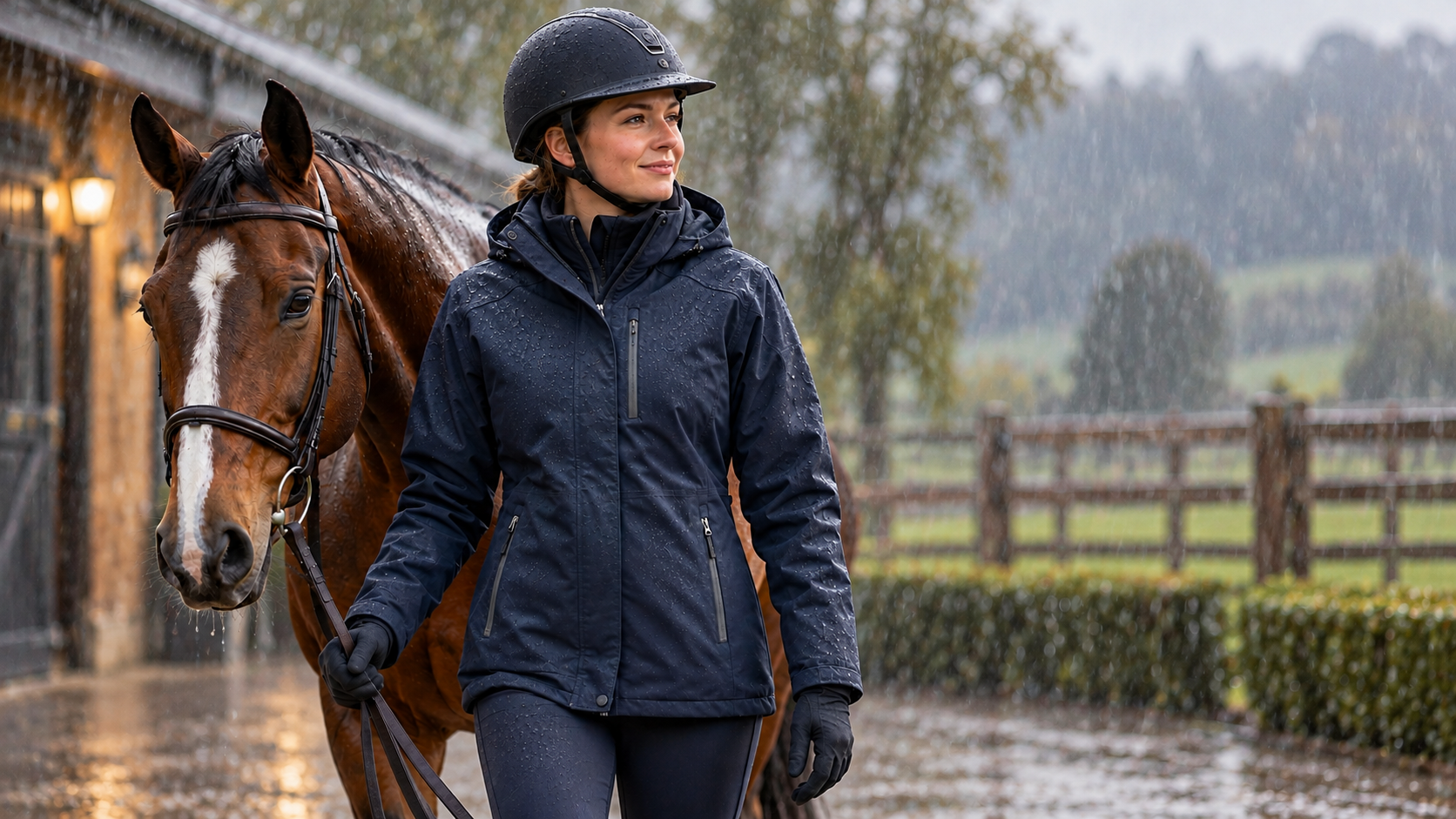 Equestrian rider wearing a waterproof fleece coat while horseback riding outdoors in cool, rainy weather, highlighting warmth, comfort, and weather protection.