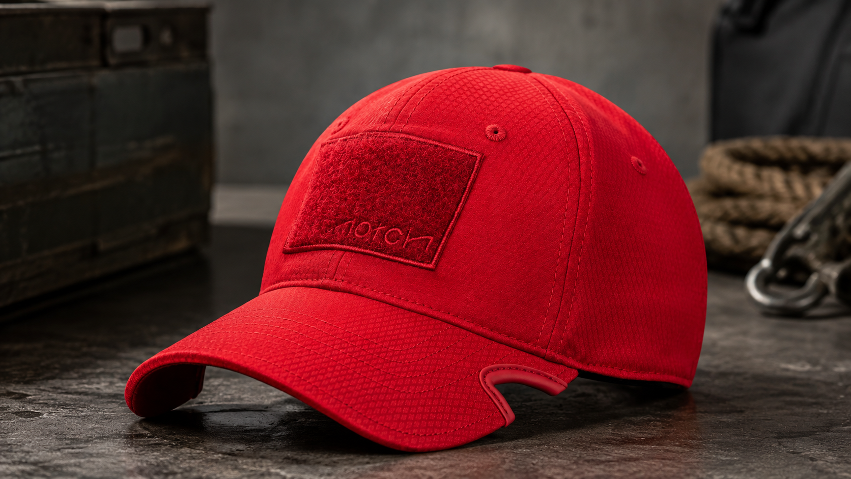 Notch Classic Adjustable Athlete Operator Red baseball cap with curved notched brim, tonal front patch, and textured performance fabric on a dark industrial surface.