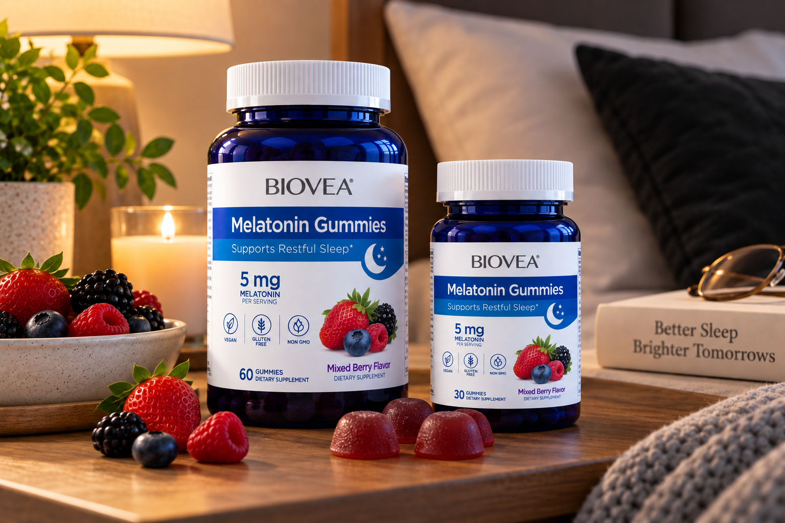 Biovea Melatonin Gummies in a supplement bottle for nighttime sleep support.