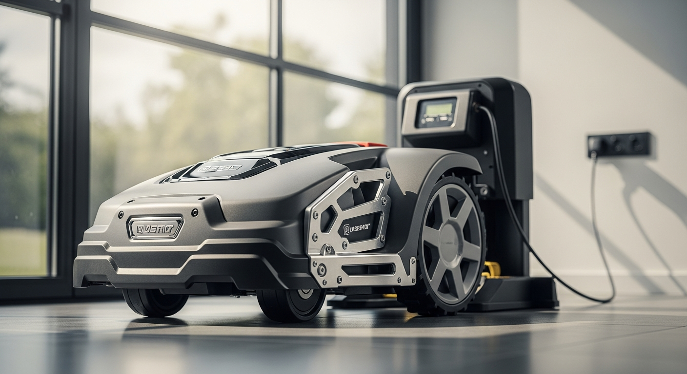 Anthracite metal robotic lawnmower garage with monopitch roof and open door design
