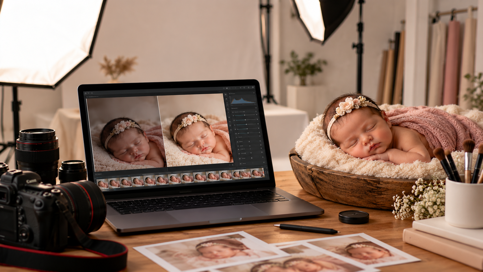 Newborn Photo Editing Package featuring professional baby photo retouching, natural skin tone correction, and soft lighting adjustments.