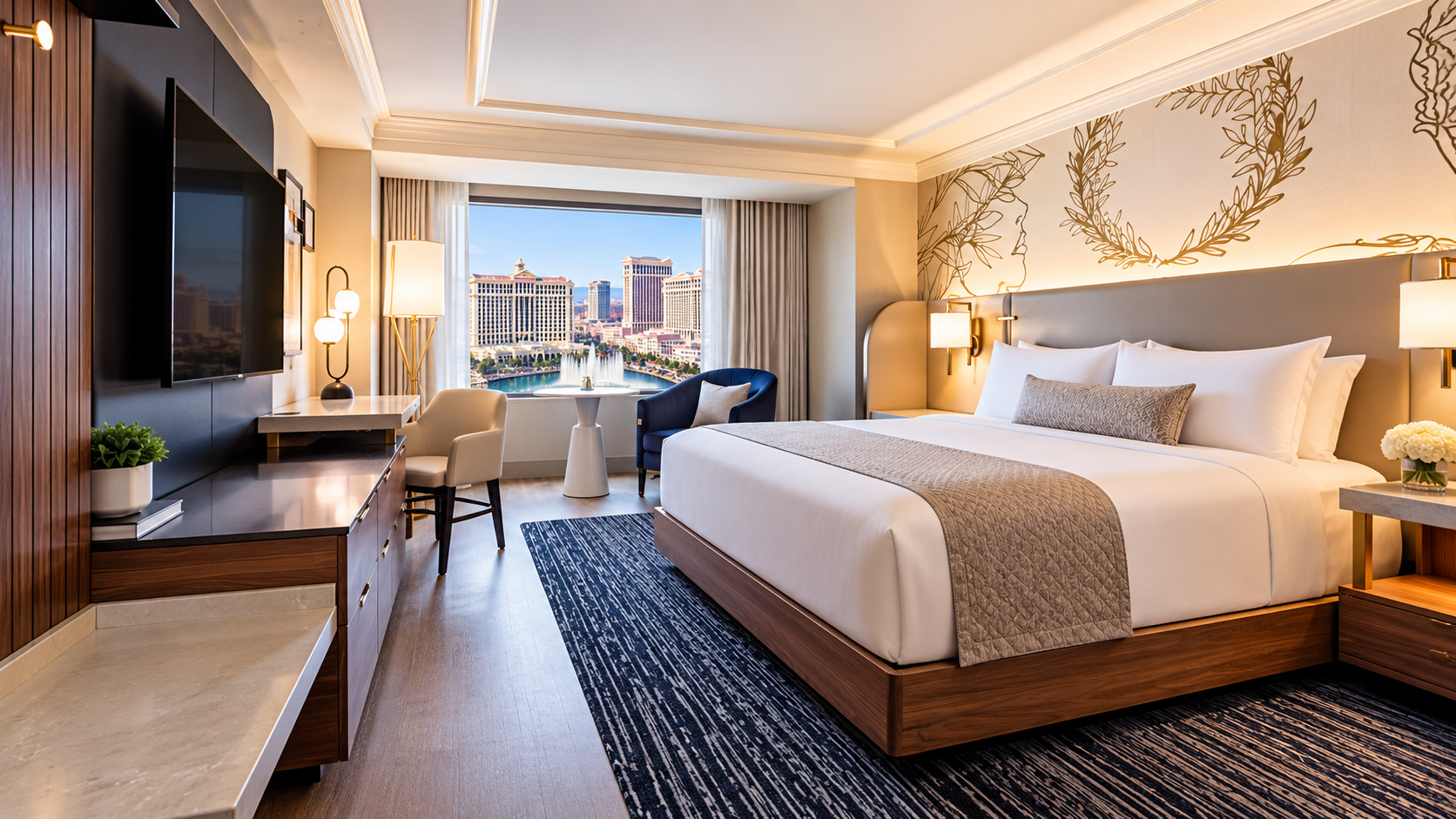 Luxurious Caesars Rewards hotel stay featuring a modern king-size bed, elegant furnishings, warm lighting, and stunning Las Vegas Strip views.