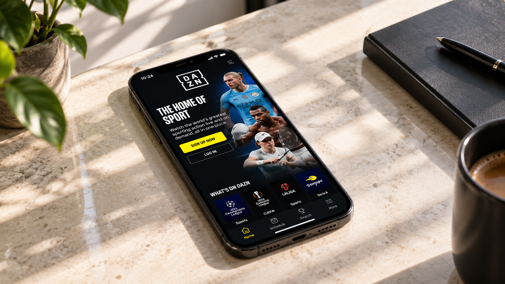 DAZN DACH sports streaming interface showing live football match on smart TV