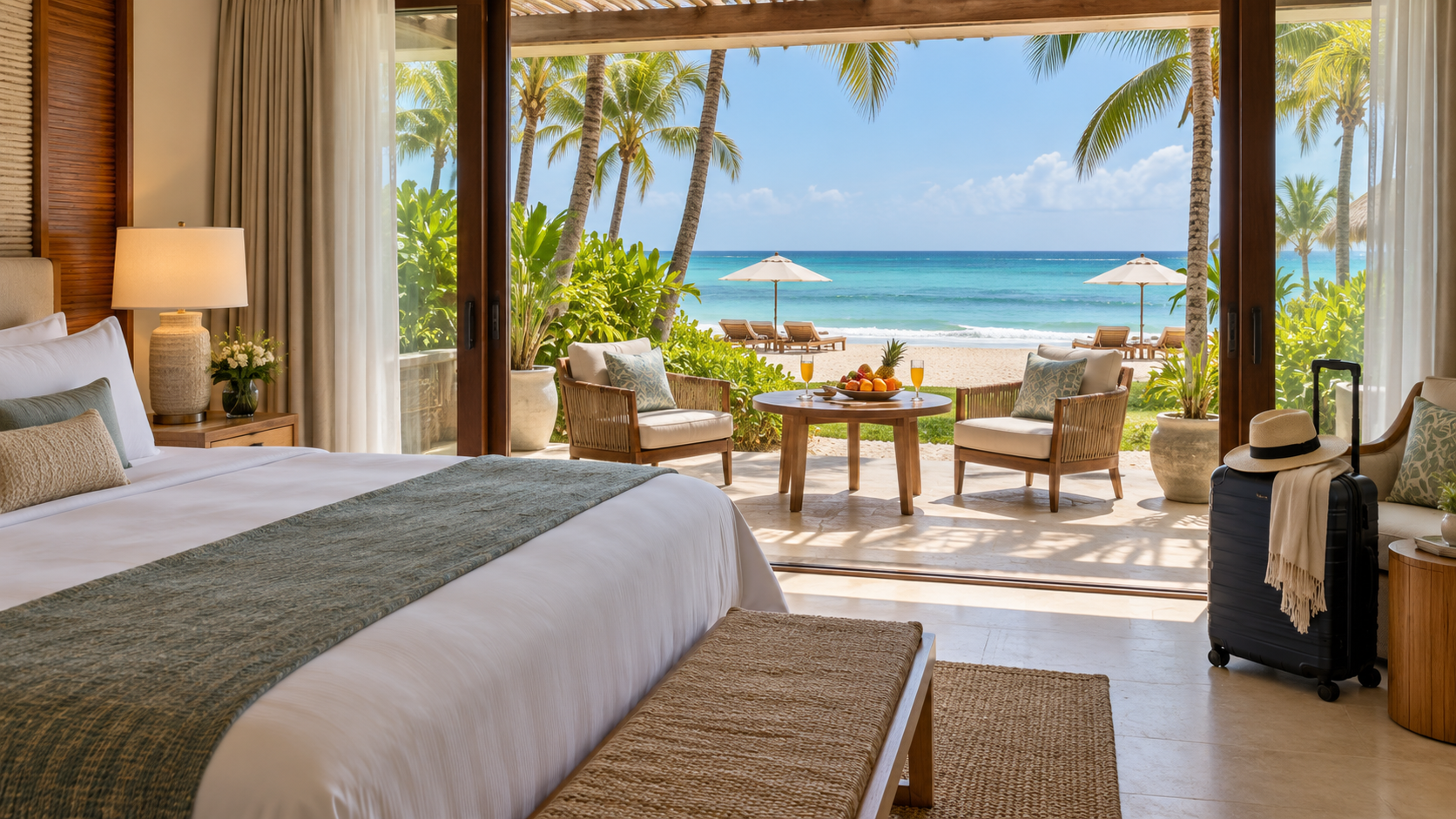 Beachfront resort breakfast setting for travelers comparing all-inclusive vacation packages.