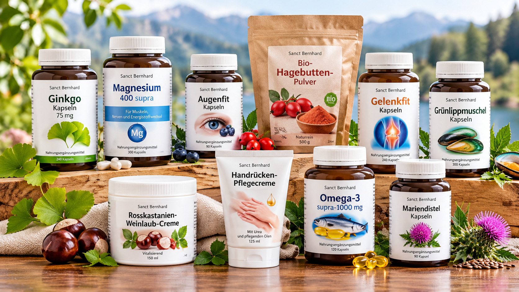 Kräuterhaus Sanct Bernhard top products featuring Ginkgo, Magnesium, Omega-3, herbal supplements, natural skincare creams, and organic rosehip powder.
