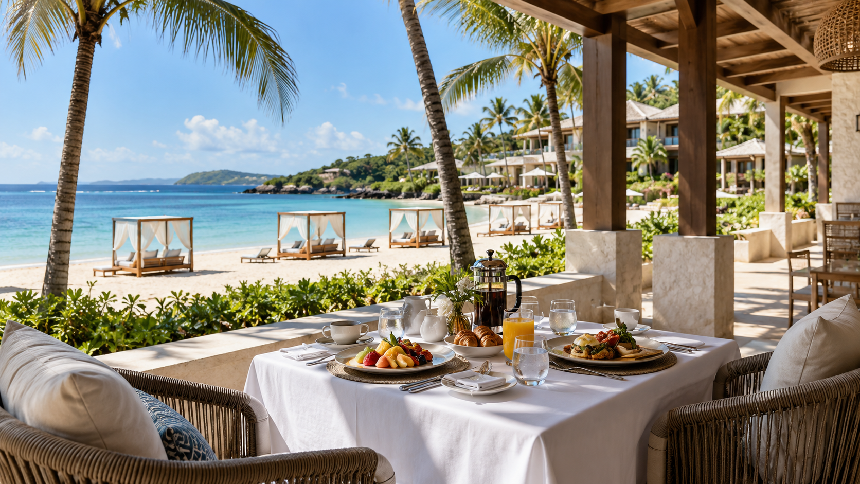 Luxury all-inclusive resorts with a beachfront terrace overlooking the tropical ocean.