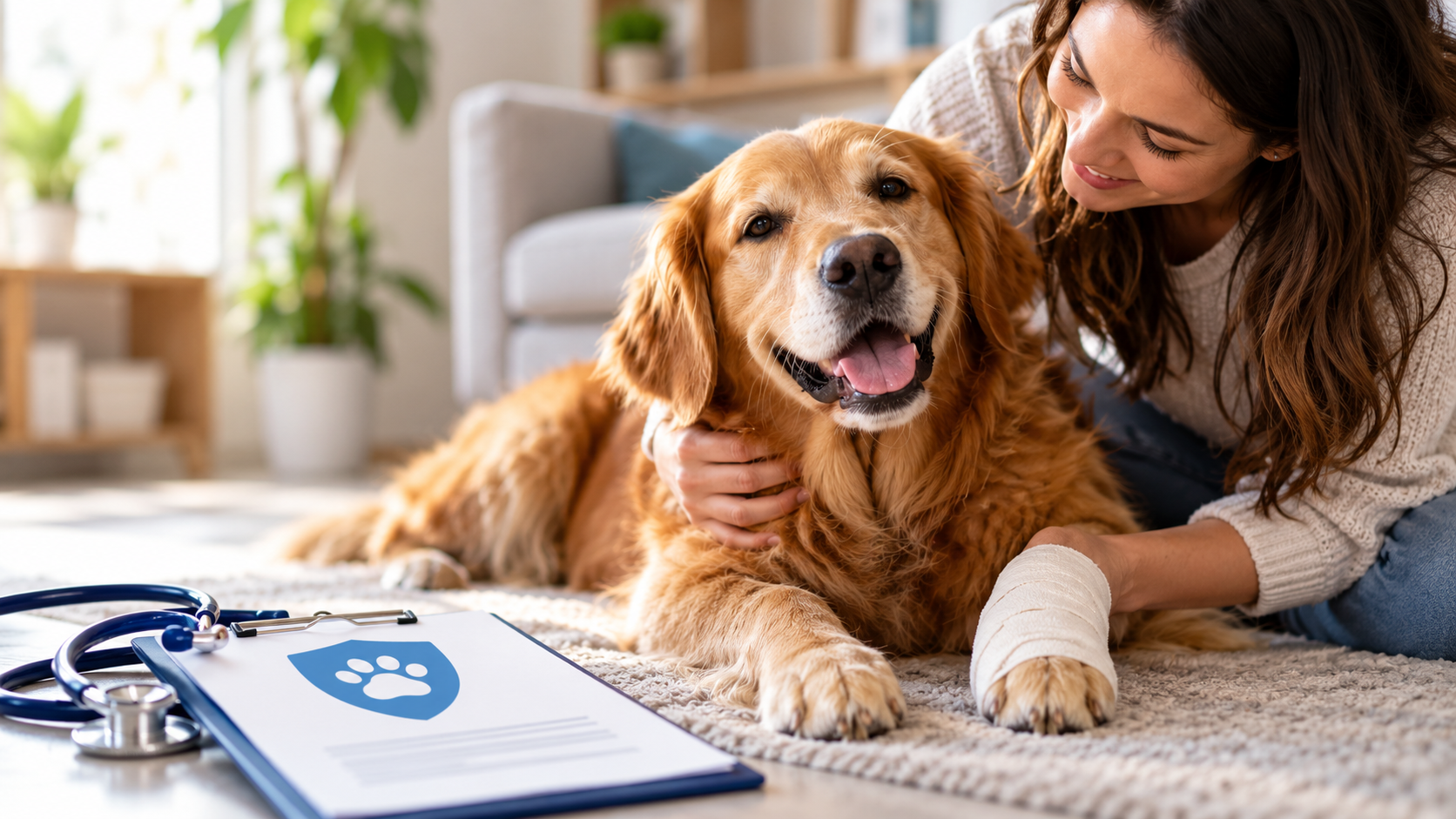 Dog receiving care and attention, highlighting dog insurance coverage for veterinary expenses, accidents, illnesses, and pet health protection.