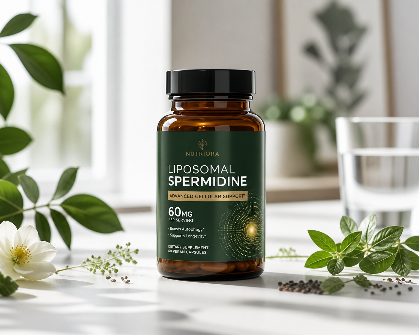 AVEA Life Liposomal Spermidine premium longevity supplement bottle with scientific cellular renewal imagery