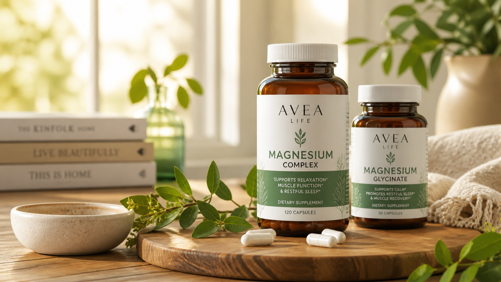 AVEA Life Magnesium Supplements premium wellness product bottles displayed on clean white background