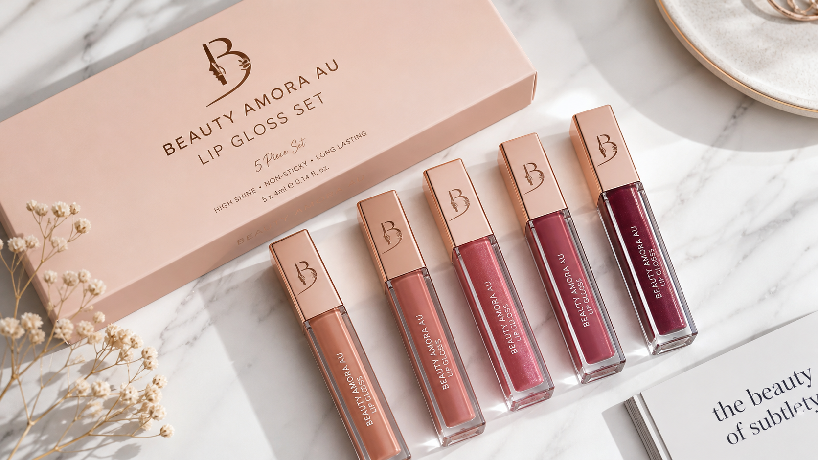 Beauty Amora AU lip gloss set featuring multiple colorful shades with high-shine finish