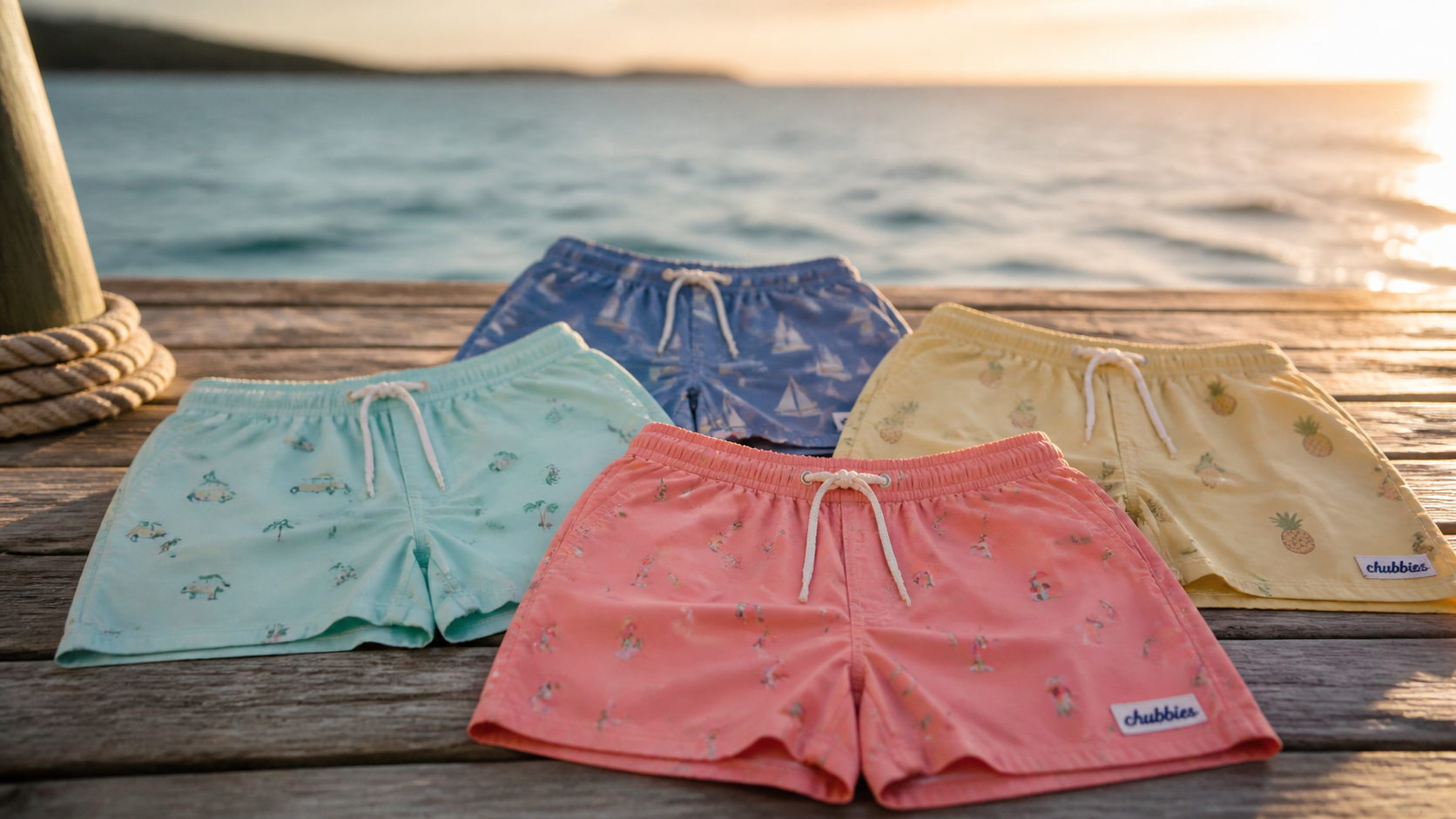 Colorful retro-inspired men's swim trunks with bold pattern design
