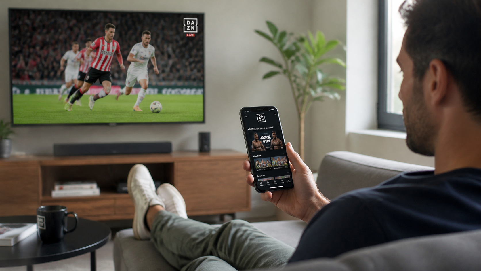 DAZN DACH streaming interface showing Bundesliga football match on smart TV screen