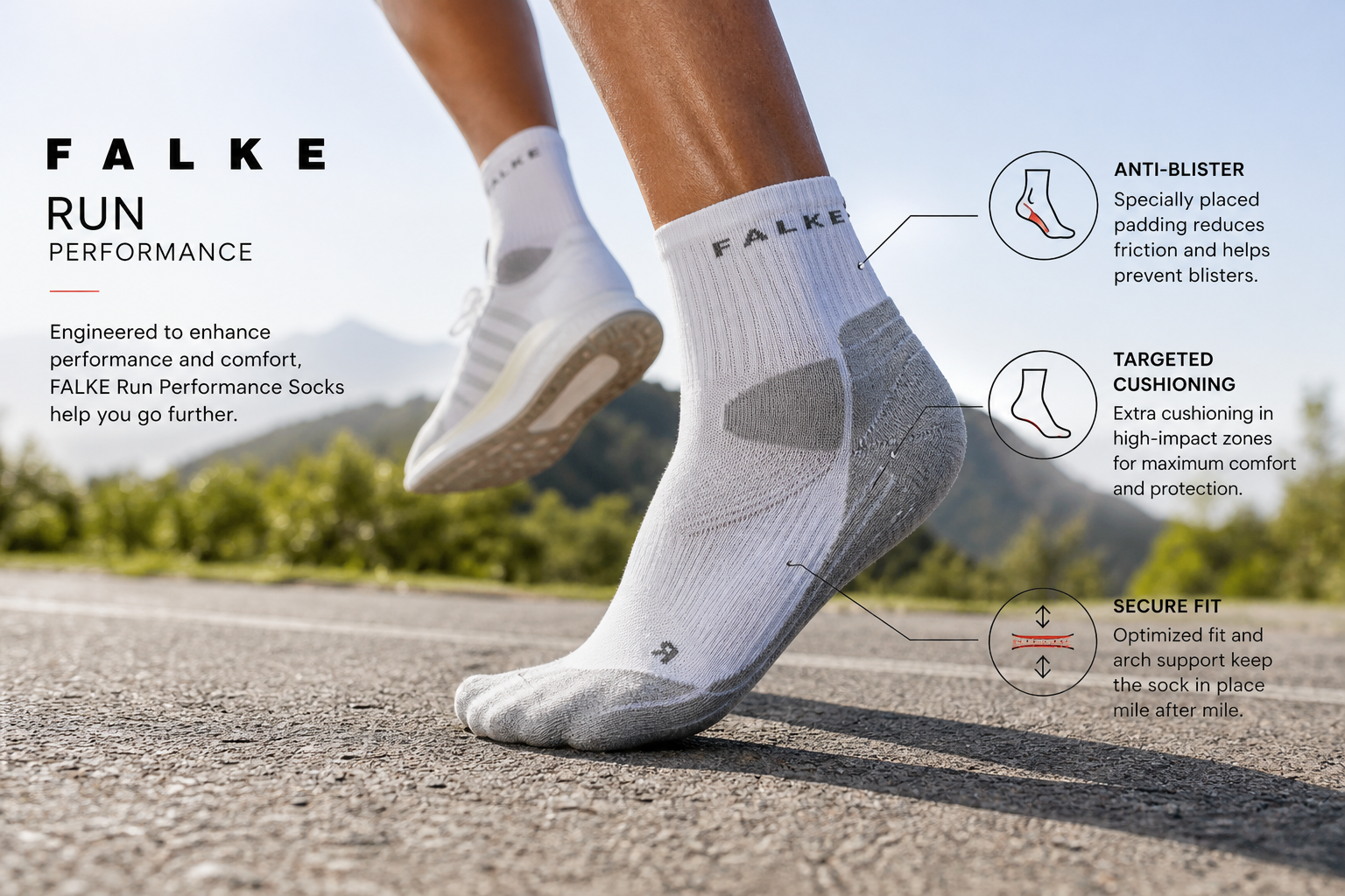 FALKE Run Performance Socks displaying anatomical construction and moisture-wicking technology for runners